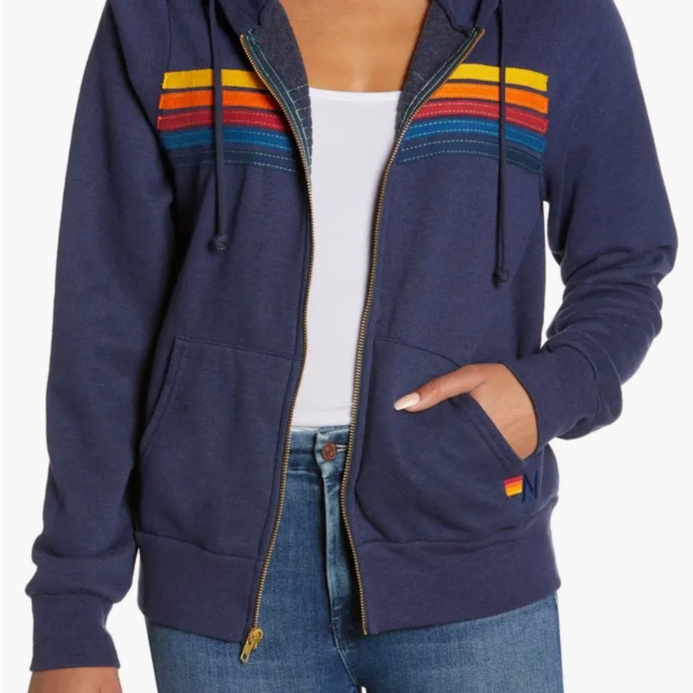 Aviator Nation Women's 5-Stripe Zip Hoodie in Navy